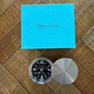 Tiffany & Co. Silver Travel Clock with Black Dial